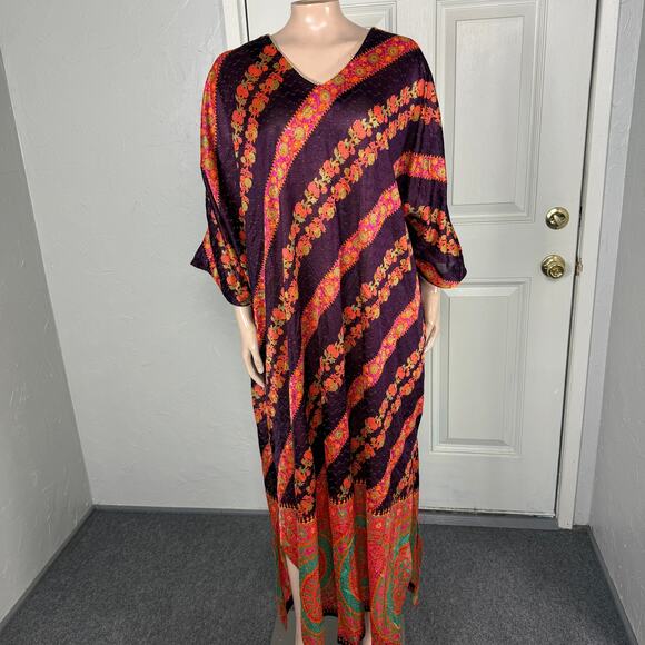 Vintage 70s David Brown Dress Women's Metallic Retro Floral Mod Maxi Long I11 - Picture 1 of 7